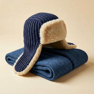 Pode incluir: Um gorro de estilo trapper em malha canelada azul-marinho com forro e abas para as orelhas em pelo sintético creme, acompanhado por um cachecol de malha azul-marinho dobrado. O gorro apresenta um padrão de canelado vertical e rebordo felpudo.