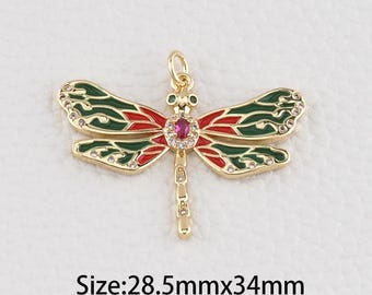 18K Gold Filled Dragonfly Pendant,Enamel Dragonfly Charm Bracelet Necklace for DIY Jewelry Making Supply