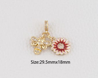 18K Gold Filled Bee Pendant,Enamel Bee Flower Charm Bracelet Necklace for DIY Jewelry Making Supply