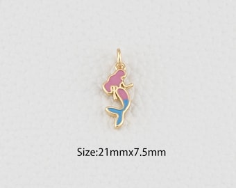 18K Gold Filled Mermaid Pendant,Enamel Mermaid Charm Bracelet Necklace for DIY Jewelry Making Supply