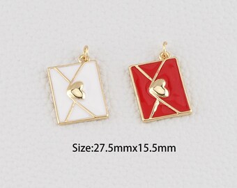 18K Gold Filled Envelope Pendant,Enamel Love Letter Charm Bracelet Necklace for DIY Jewelry Making Supply