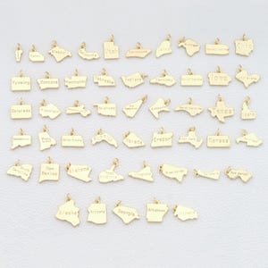 May include: A collection of gold-colored pendants, each shaped like a U.S. state. The names of the states are engraved on each pendant. The pendants are small, with a simple loop for attaching to a chain or bracelet.
