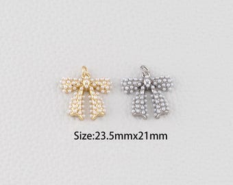 18K Gold Filled Pearl Bow Pendant,Dainty Bow Charm Bracelet Necklace for DIY Jewelry Making Supply