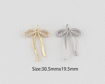 18K Gold Filled Bow Pendant,CZ Bow Charm Bracelet Necklace for DIY Jewelry Making Supply