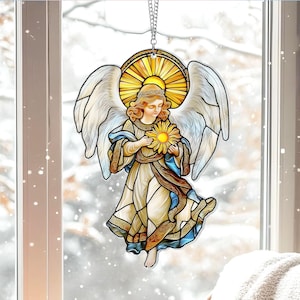 Angel Acrylic Suncatcher, White Winged Guardian Faux Window Hanging Heavenly Decor Gift for Angel Fantasy Lovers, Christian Gift