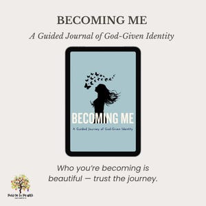 Könnte beinhalten: Ein digitales Tablet zeigt das Cover eines Journals mit dem Titel "BECOMING ME". Das Cover zeigt eine Silhouette einer Frau mit Schmetterlingen und dem Text "A Guided Journal of God-Given Identity". Der untere Teil des Bildes lautet: "Who you're becoming is beautiful - trust the journey."