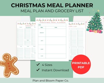 Puede incluir: Un conjunto de planificador de comidas y lista de compras con temática navideña. El diseño incluye un árbol de Navidad, un hombre de jengibre y luces festivas. El planificador incluye secciones para la planificación de comidas y listas de compras. El texto incluye "Christmas Meal Planner".