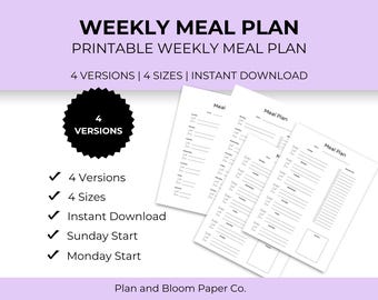 Printable Weekly Meal Planner, 4 Versions (PDF)