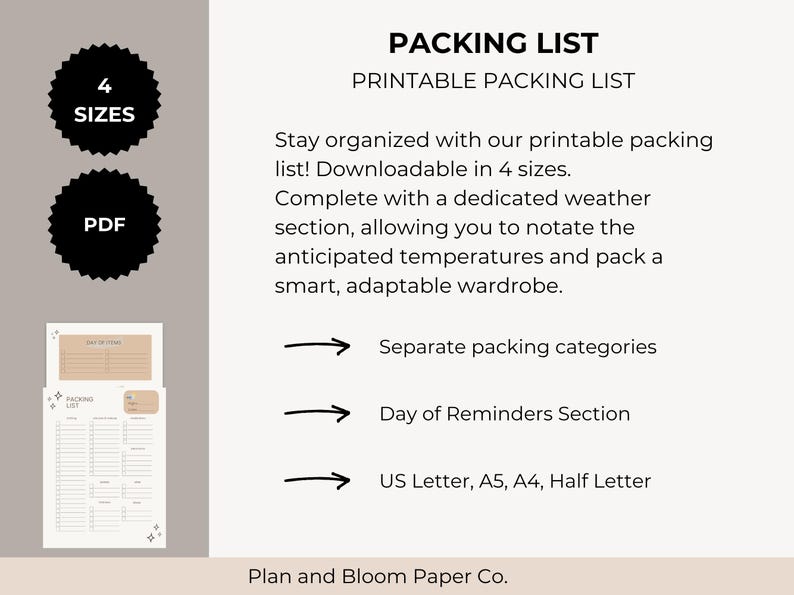 Packing Avable Printable Packing List PDF, Travel Planner Checklist (digital Download ...