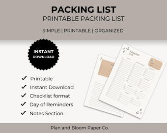 Printable Packing List PDF, Travel Planner Checklist (Digital Download)