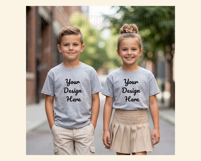 May include: Two children wearing heather gray short-sleeved t-shirts with the black text Your Design Here printed on the chest. One child wears beige cargo shorts, and the other wears a beige pleated skirt. The shirts have a crew neckline.