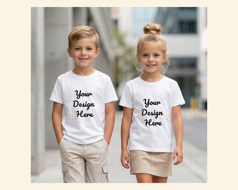 Pu&ograve; includere: Due bambini indossano magliette bianche con la scritta "Your Design Here". Il ragazzo indossa pantaloncini cargo color cachi e la ragazza una gonna color cachi. Sono in piedi fuori.