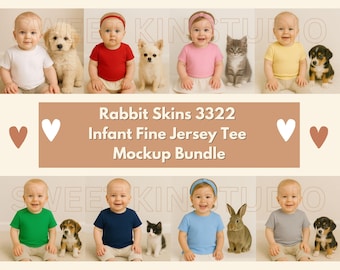 Bundle di mockup di magliette per neonati / Rabbit Skins 3322, modello per neonati (3000x3000 px)
