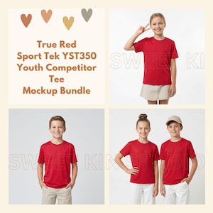 Paquete de camisetas deportivas juveniles True Red Sport Tek YST350, plantilla de ropa deportiva infantil, camiseta de alto rendimiento en blanco para impresión bajo demanda.