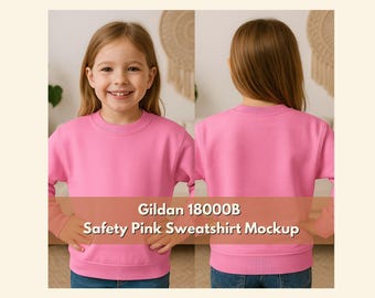 Gildan 18000B ユーススウェットシャツモックアップ | セーフティピンククルーネックプルオーバーモックアップPNG | キッズブランクスウェットシャツテンプレート