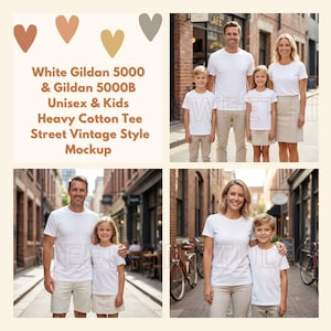 May include: A mockup featuring a family wearing white Gildan 5000 and 5000B heavy cotton tees. The image includes the text "White Gildan 5000 & Gildan 5000B Unisex & Kids Heavy Cotton Tee Street Vintage Style Mockup."