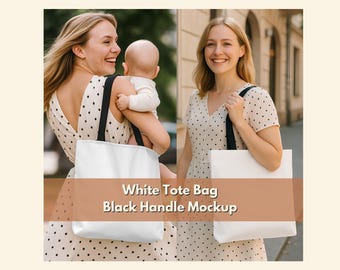 White Tote Bag with Black Handles Mockup | Versatile Everyday Tote for Mum | Minimal Lifestyle Boho Neutral Tote Bag Mockup