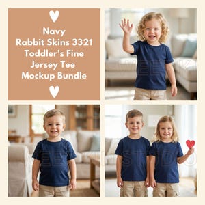 May include: A mockup bundle featuring navy blue toddler's fine jersey tees. The image shows children wearing the shirts in various poses. The text on the image reads "Navy Rabbit Skins 3321 Toddler's Fine Jersey Tee Mockup Bundle."