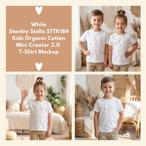 May include: A white Stanley Stella STTK184 Kids Organic Cotton Mini Creator 2.0 t-shirt shown on children. The shirt features a plain white design with short sleeves and a crew neckline, presented in a multi-panel layout for display purposes.