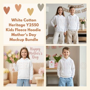 Puede incluir: Un paquete de maquetas con sudaderas con capucha de forro polar para niños Heritage Y2550 de algodón blanco. La imagen incluye niños que usan las sudaderas con capucha, con el texto "White Cotton Heritage Y2550 Kids Fleece Hoodie Mother's Day Mockup Bundle" y "Happy Mother's Day".