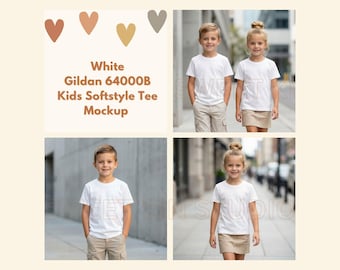 May include: A mockup featuring four images of children wearing white Gildan 64000B Softstyle tee shirts. The images include two children standing together, and individual shots of a boy and a girl. The text in the image reads: White Gildan 64000B Kids Softstyle Tee Mockup.