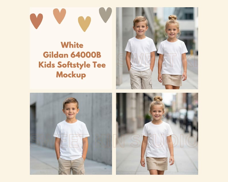 Pu&ograve; includere: Un mockup con quattro immagini di bambini che indossano magliette bianche Gildan 64000B Softstyle. Le immagini includono due bambini insieme e scatti individuali di un ragazzo e una ragazza. Il testo nell'immagine recita: White Gildan 64000B Kids Softstyle Tee Mockup.