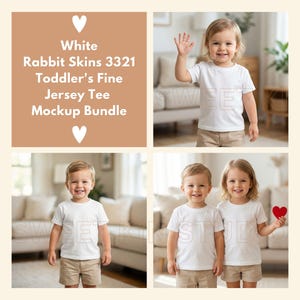 May include: A mockup bundle featuring white toddler fine jersey tees. The image shows children wearing the t-shirts in various settings. The text on the image reads "White Rabbit Skins 3321 Toddler's Fine Jersey Tee Mockup Bundle."