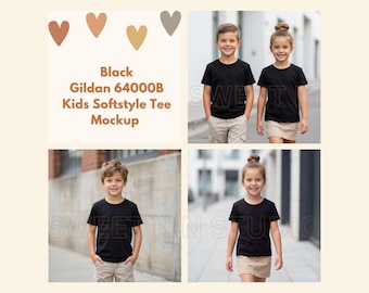 May include: A black Gildan 64000B kids softstyle tee mockup featuring a collage of children wearing plain black t-shirts. The text reads Black Gildan 64000B Kids Softstyle Tee Mockup with four heart icons in shades of brown and gray.