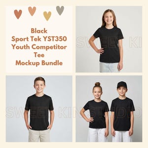 May include: A mockup bundle featuring four children wearing black Sport Tek YST350 Youth Competitor Tee shirts. The text "Black Sport Tek YST350 Youth Competitor Tee Mockup Bundle" is displayed at the top. The children are standing in front of a light gray background.