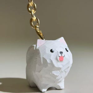 Hand Carved Samoyed Wooden Keychain, Dog Car Charm