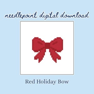 Pode incluir: Download digital de um la&ccedil;o vermelho de Natal com design pixelizado. O la&ccedil;o est&aacute; centrado em um quadrado branco, com o texto "needlepoint digital download" acima e "Red Holiday Bow" abaixo, tudo sobre um fundo azul claro.