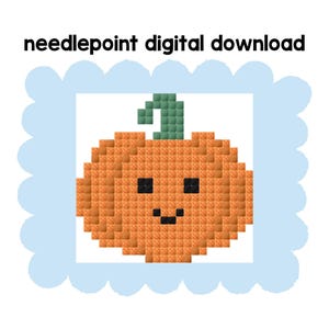 May include: A digital download featuring a pixelated orange pumpkin with a green stem and a smiling face. The pumpkin is set against a white background within a light blue scalloped frame. The text "needlepoint digital download" is at the top.