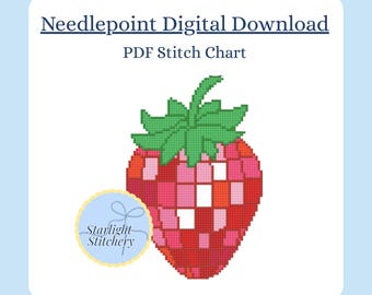 Download digital de bordado em ponto cruz com morango e bola de discoteca | Molde em PDF instantâneo para bola de espelhos | Gráfico de 18 pontos