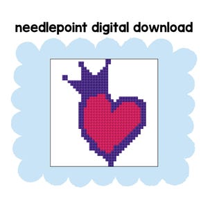 May include: A digital needlepoint design showing a heart shape with a crown. The heart is a vibrant pink, and the crown is a deep purple. The design is set against a white background, framed by a light blue scalloped border.