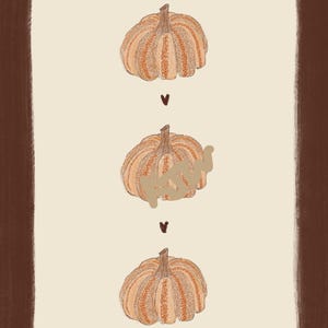 May include: Illustration of three pumpkins in a vertical arrangement, each with a stem and vertical ridges. The pumpkins are orange and tan, with a brown border and small black arrow symbols between them. The artwork has a fall theme.