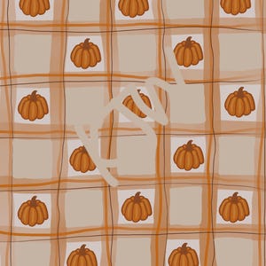 May include: A repeating pattern of orange pumpkins on a beige and orange plaid background. The pumpkins are stylized with ribbed details. The design is reminiscent of autumn and fall themes, suitable for seasonal decor or textiles.