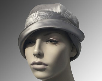 Paper Moon Cloche Turban Vintage Retro Satin Silk Oyster Grey or Any Color Trapunto stitched Large Any Size CUSTOM MADE