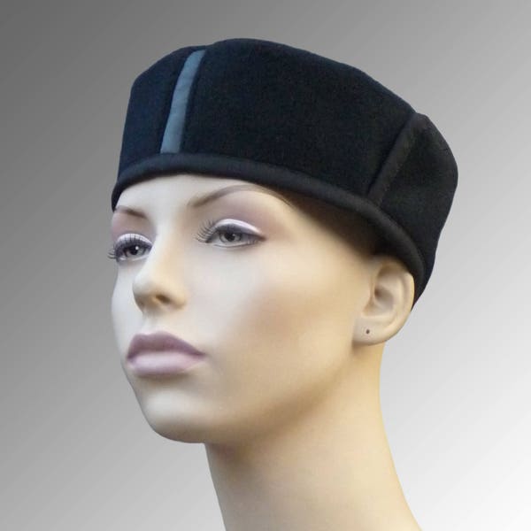 Black Cashmere Wool Unisex Pillbox Hat Kufi Skull Cap w Black Leather trim and Back Earflap CUSTOM MADE