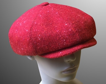 Ellina Red Tweed Wool Cashmere Peaky Blinders Shelby Bakerboy Paperboy Newsboy Flat Cap Hat Retro Gatsby Bespoke Large Size XL Custom Made