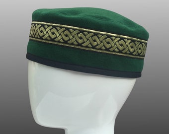 Black Green Navy Cashmere Wool Victorian Smoking Cap Pillbox Ethnic Hat Kufi Skull Cap w Gold Black Celtic Chain Ribbon Trim CUSTOM MADE