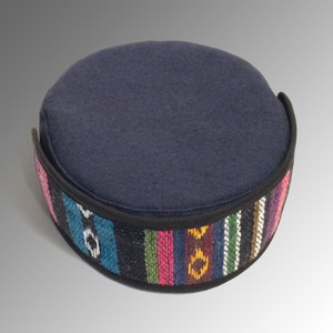 Black Cotton Canvas or Felt Pillbox Kufi Cap Ethnic Tribal Good Karma Hat with Tapestry or Harris Tweed or Cashmere Wool Trim CUSTOM MADE