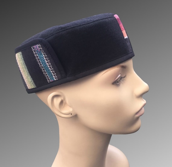Black Felt Pillbox Kufi Cap Ethnic Tribal Good Karma Hat With