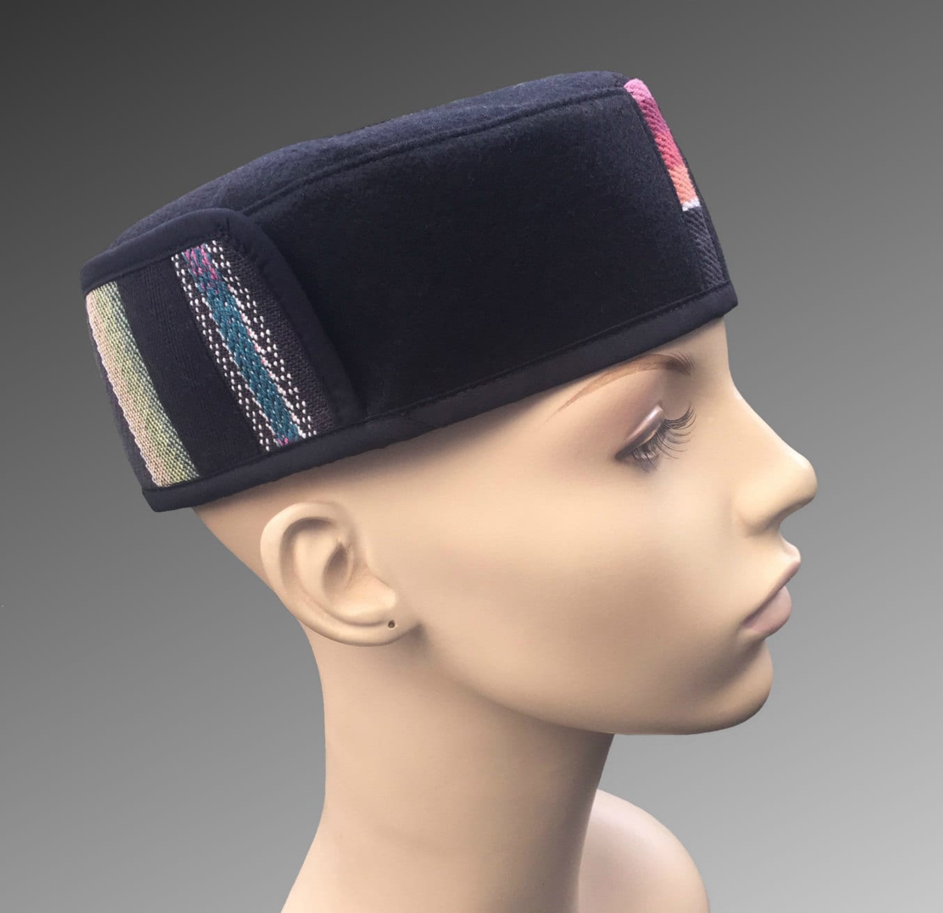 Black Felt Pillbox Kufi Cap Ethnic Tribal Good Karma Hat With