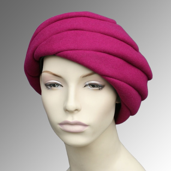Raspberry Fuchsia Felt or Black Cashmere Vortex Turban Beret  display picture 1
