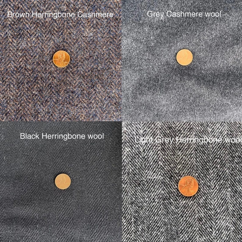 May include: Four fabric swatches with a US penny coin on each. The swatches are brown herringbone cashmere, grey cashmere wool, black herringbone wool, and light grey herringbone wool.