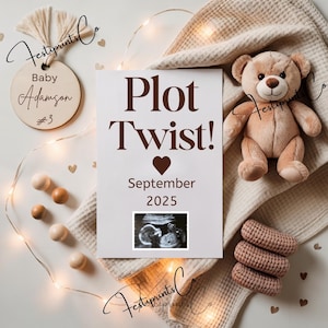 May include: A pregnancy announcement featuring a wooden tag with "Baby Adamson #3". The card says "Plot Twist!" with a heart, "September 2025", and an ultrasound scan. A teddy bear and decorative beads are also included in the image.