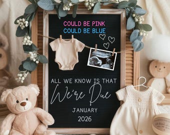 May include: A pregnancy announcement with a black letter board that reads "COULD BE PINK COULD BE BLUE ALL WE KNOW IS THAT We're Due JANUARY 2026." A onesie and ultrasound photo hang from the board. A teddy bear and baby clothes are also in the image.