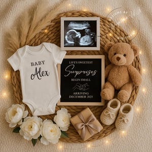 Cozy Beige & Cream Pregnancy Announcement | Flat Lay Baby Reveal with Ultrasound, Onesie Teddy Bear | Gender Neutral Digital Template