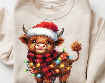Christmas Cow Sweatshirt, Highland Cow Shirt, Cute Farm Christmas Hoodie, Cow Lover Gift for Women, Rustic Country Holiday Crewneck,