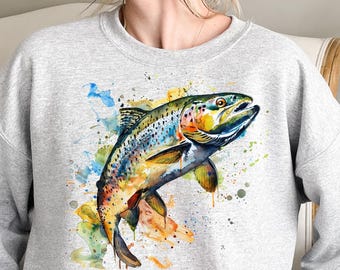 Bluza z nadrukiem retro abstrakcyjnym, kolorowym pstrągiem w rzędzie – strój na ryby rzeczne z gatunku pstrąga – prezent na wędkarstwo muchowe – bluza unisex w stylu boho z okrągłym dekoltem